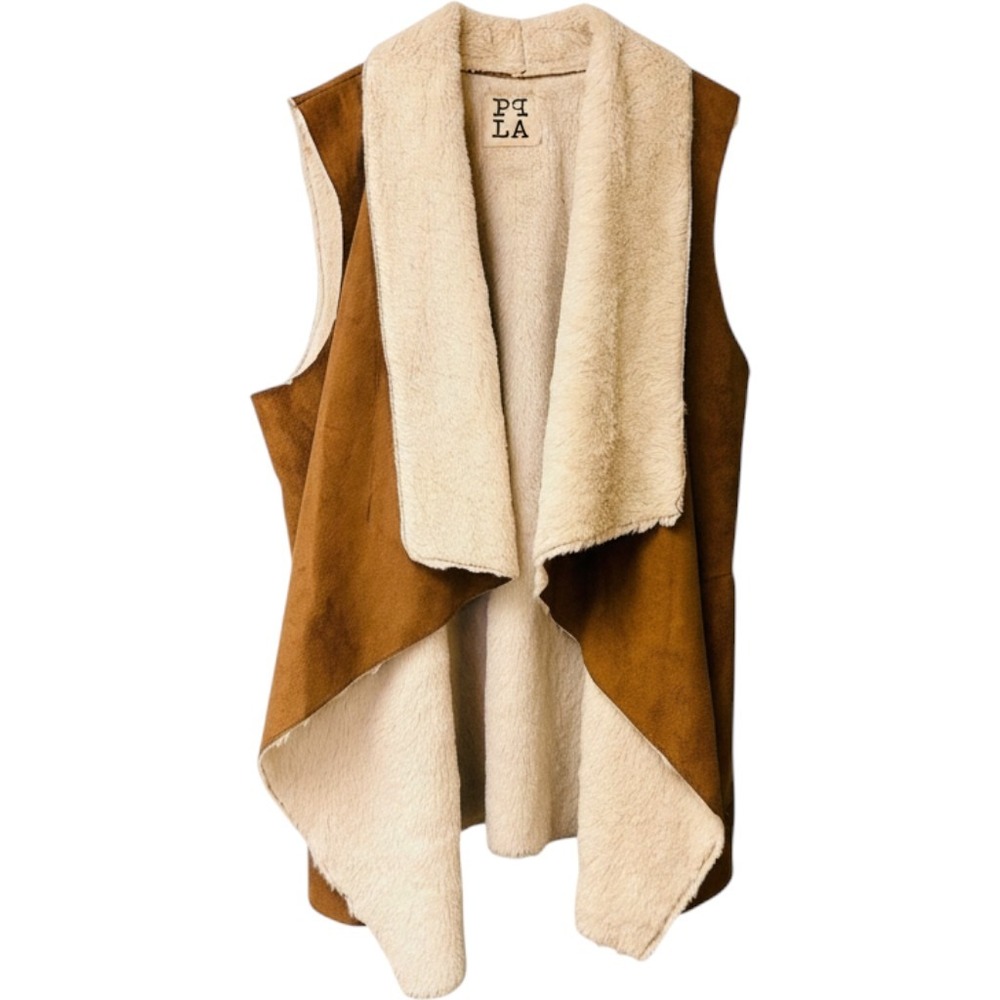 PPLA Faux Suede Sherpa Lined Drape Front Vest Brown Small